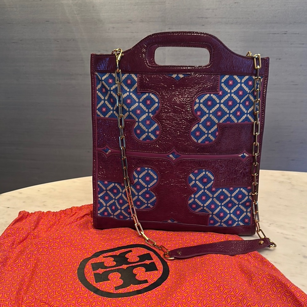 Tory Burch Purple and Blue Patterned Leather Women's Tote Bag